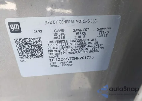 2022 Chevrolet Malibu Fwd Lt из США, поврежденный, VIN 1G1ZD5ST3NF201775